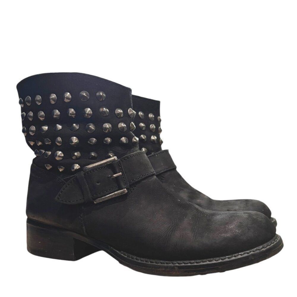 LOLA CRUZ Studded Harness Moto Boot 38 7.5 Ankle Biker 1.5" Low Heel Anthro Punk